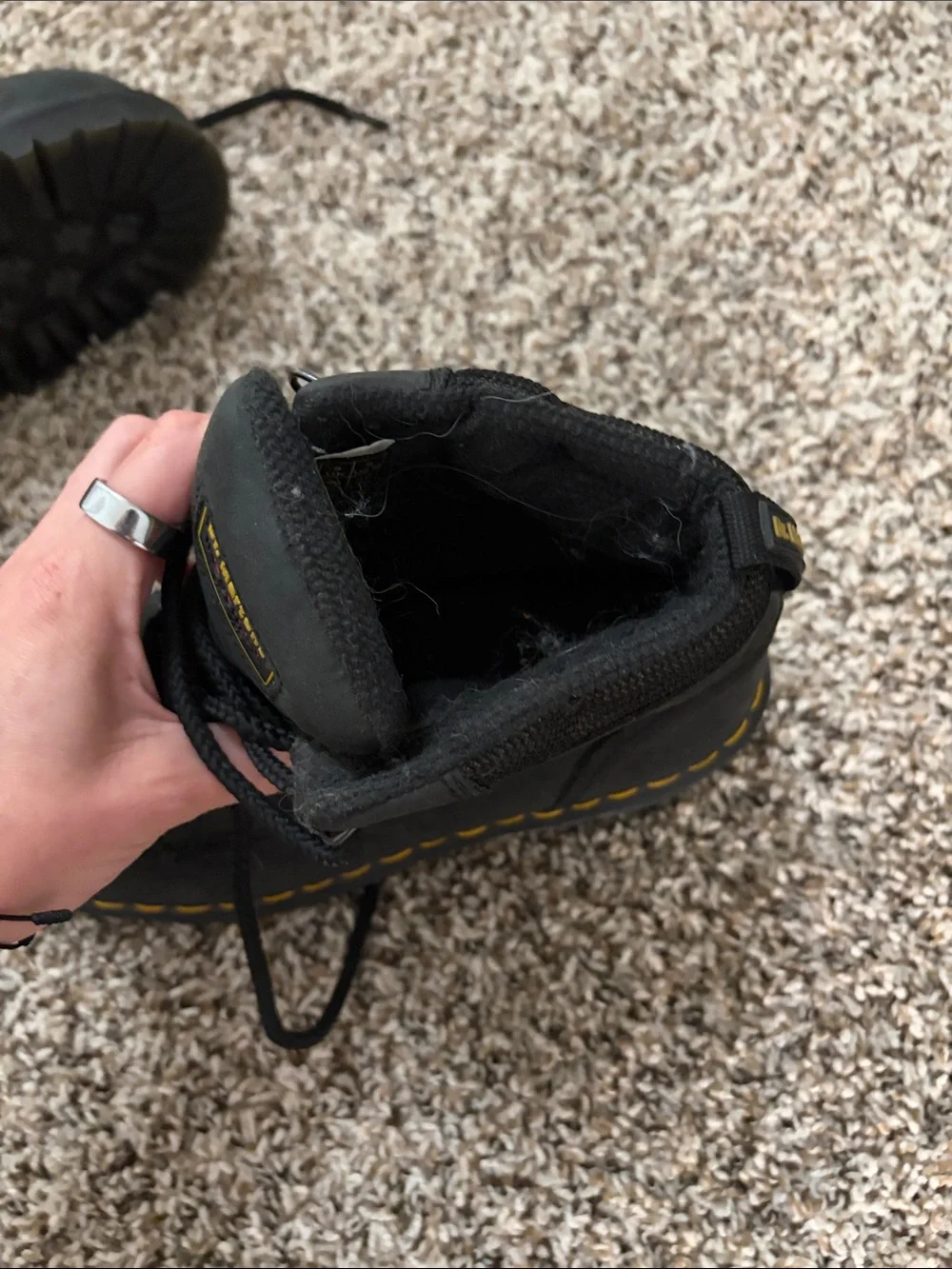 Dr. Martens Black Leather Work Boots with Yellow Stitching